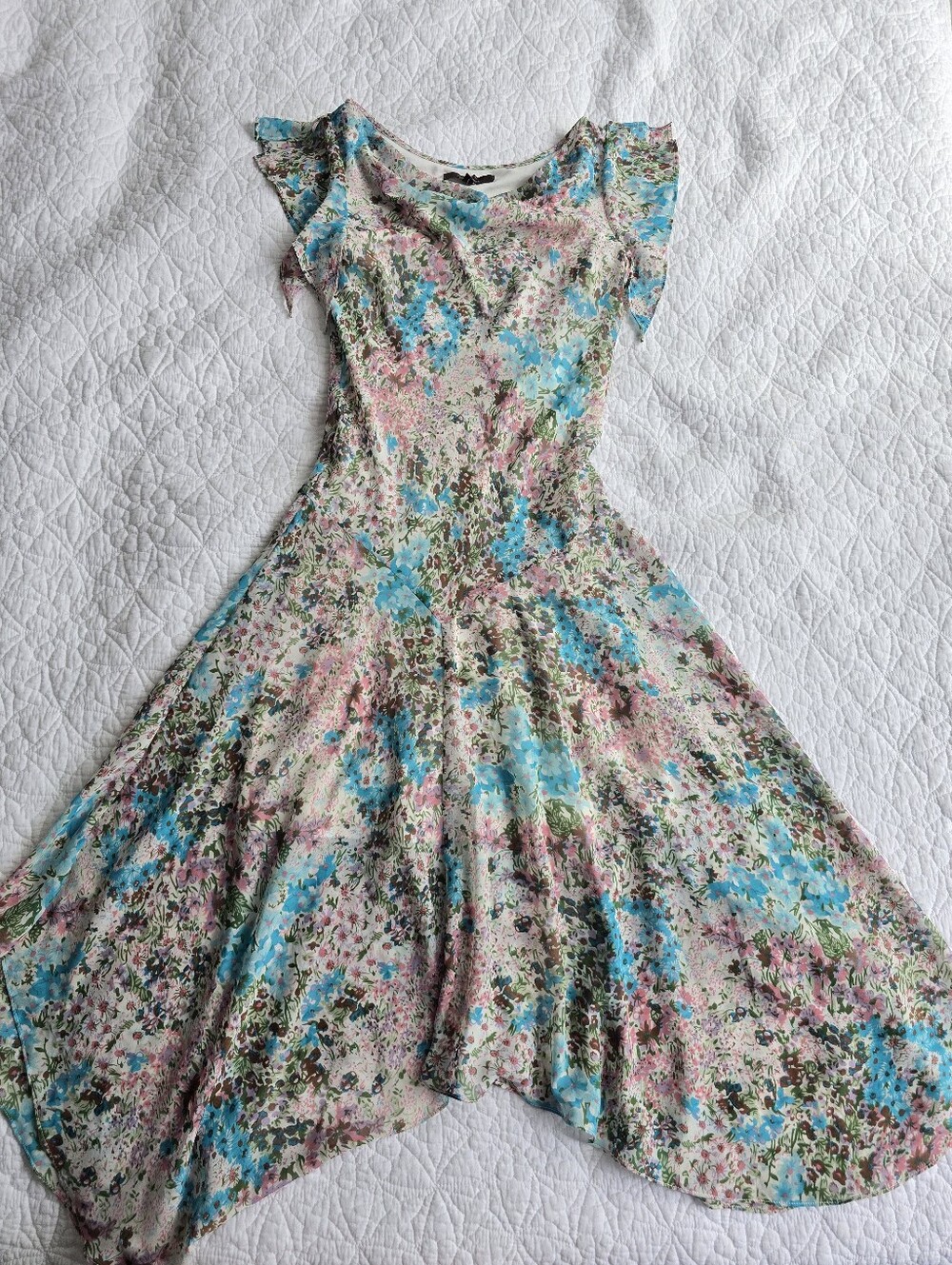 Vintage Y2K Sheer Chiffon Floral Drop Waist Asymmetric Hem Cowl Neck Dress